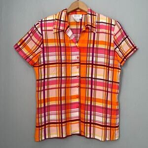 Vintage Tess Size Medium Vibrant Orange Plaid Silk Button Up Shirt Country Retro